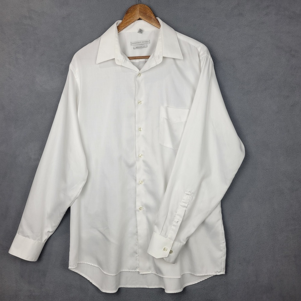 Geoffrey Beene Dress Shirt Men's 16.5 White Cotton Regular Fit Pocket Business